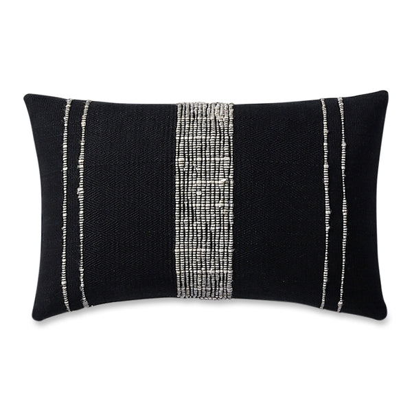 Azulina Home - Bogota Lumbar pillow small - black cotton with ivory wool stripes.  Stripes across the pure cotton twill base create a clean-lined and versatile pattern that celebrates the natural materials. 95% cotton and 5% virgin wool, locally sourced in Colombia.