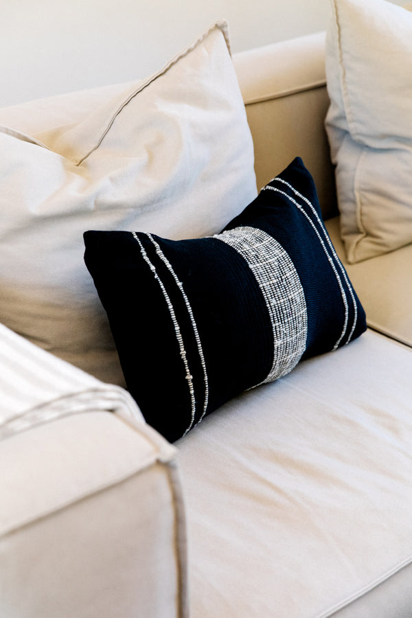 Bogota Lumbar Pillow Small - Black with Ivory Stripes