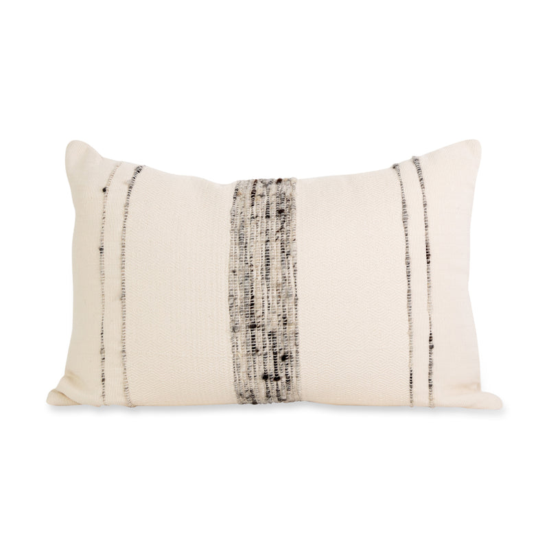Azulina Home - Bogota small lumbar pillow - ivory cotton with grey wool stripes.  Stripes across the pure cotton twill base create a clean-lined and versatile pattern that celebrates the natural materials. 95% cotton and 5% virgin wool, locally sourced in Colombia. 