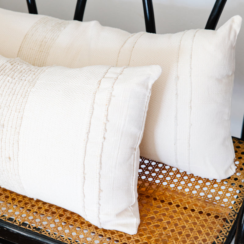 Azulina - Bogota Lumbar Pillow - Ivory Cotton with Ivory Wool stripes.  Stripes across the pure cotton twill base create a clean-lined and versatile pattern that celebrates the natural materials. 95% cotton and 5% virgin wool, locally sourced in Colombia.