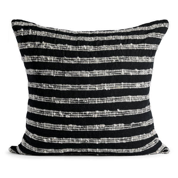 AZULINA HOME - Cartagena Pillow - Black with Ivory Stripes - This toss pillow complements styles from boho to classic. Stripes across the pure cotton twill base create a clean-lined and versatile pattern that celebrates the natural materials. 95% cotton and 5% virgin wool, locally sourced in Colombia. Hand crafted, combining the heritage of loom weaving with modern design.