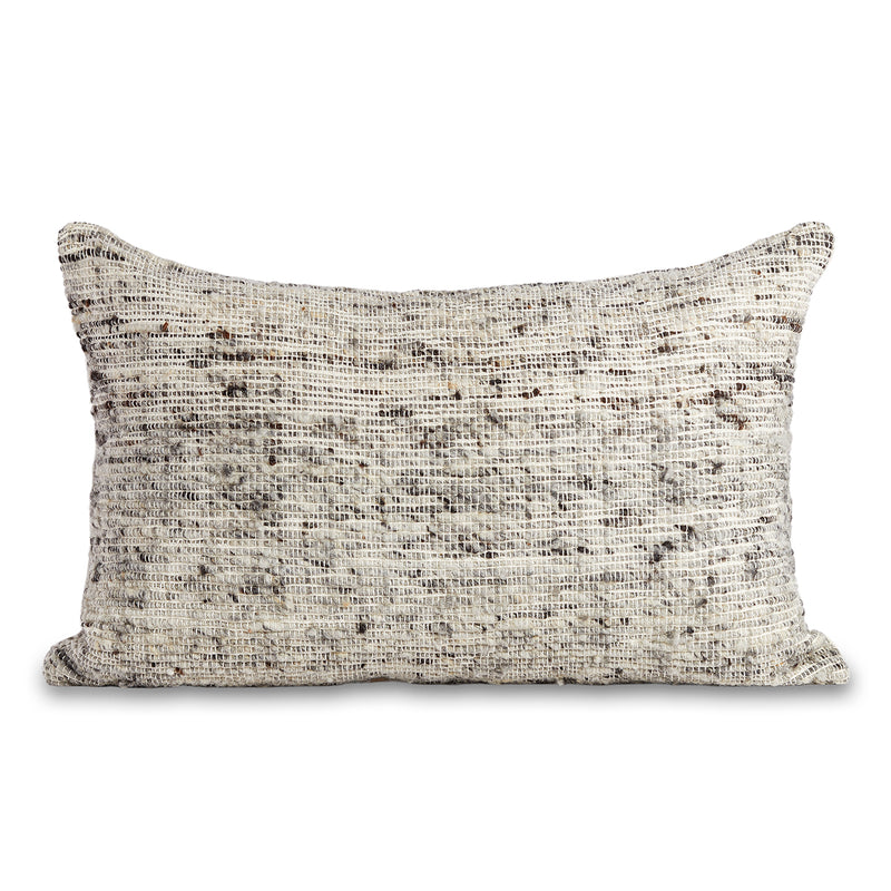Azulina Home - Chunky Wool Small Lumbar Pillow - Ivory Cotton with all over grey wool marled stripes - - This lumbar pillow complements styles from boho to classic. Stripes across the pure cotton twill base create a clean-lined and versatile pattern that celebrates the natural materials. 70% cotton and 30% virgin wool, locally sourced in Colombia. Hand crafted, combining the heritage of loom weaving with modern design.