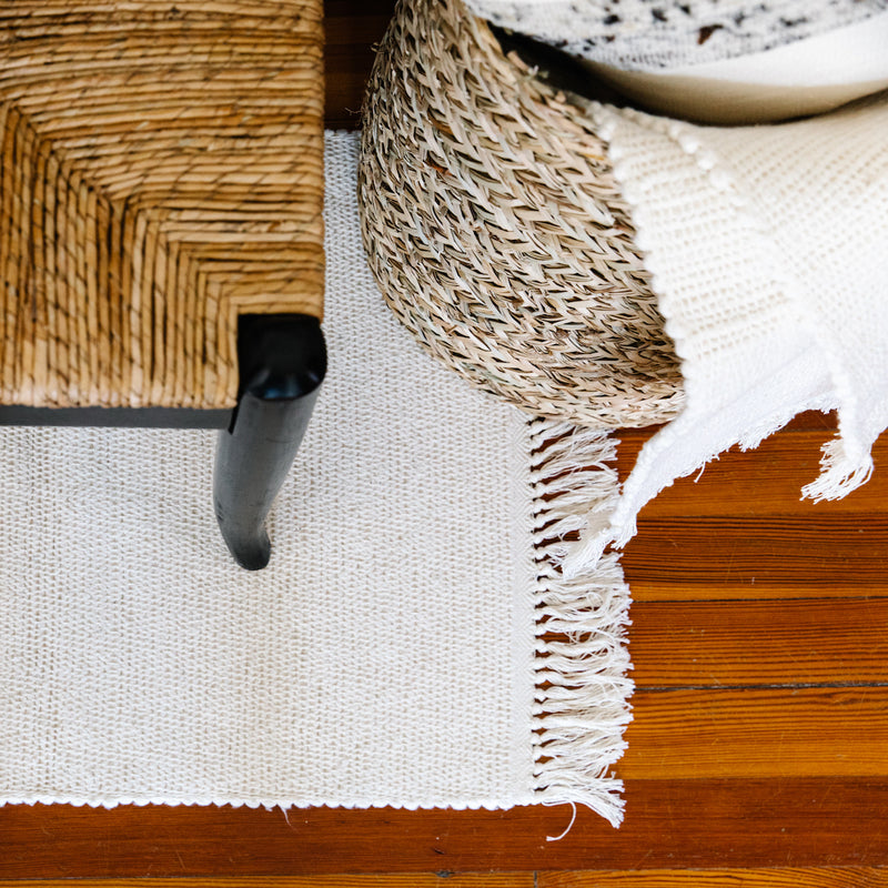 Azulina Home - Cali Bath mat - 100% cotton - Styled as a rug.  Handmade by Colombian artisans.  Super soft bathmat.  Close up of ivory cotton fringe. Super soft bathmat.  Close up of ivory cotton fringe.  Super soft bathmat.  Close up of ivory cotton fringe.